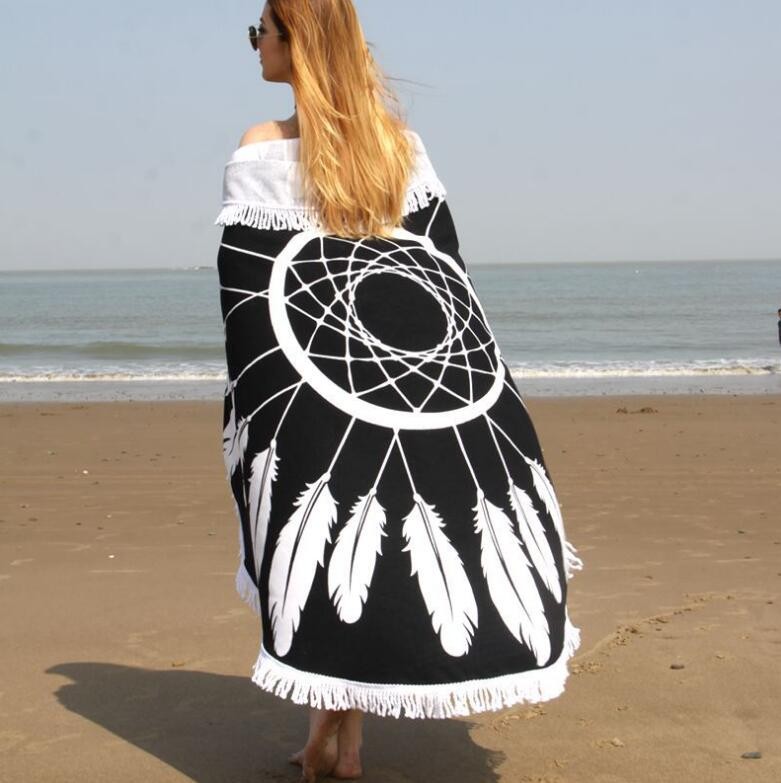 Feather designs circular beach towels with tassels fringe