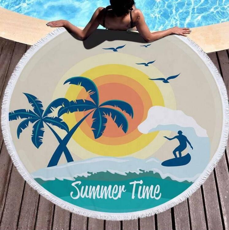 Circular Beach towel with colorful fringes  
