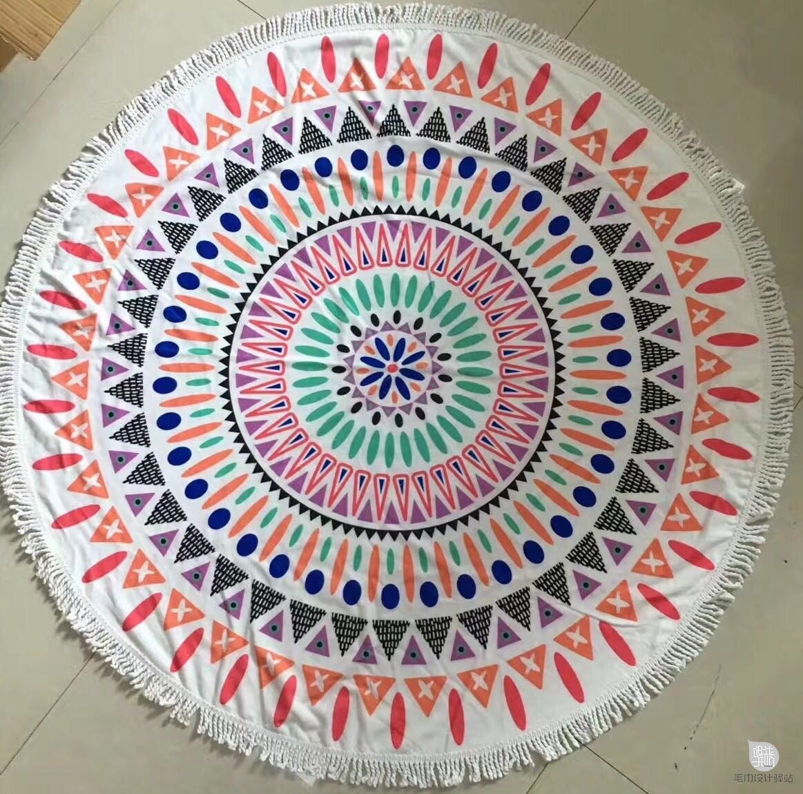  100% cotton velour reactive printed round beach towel with tassels